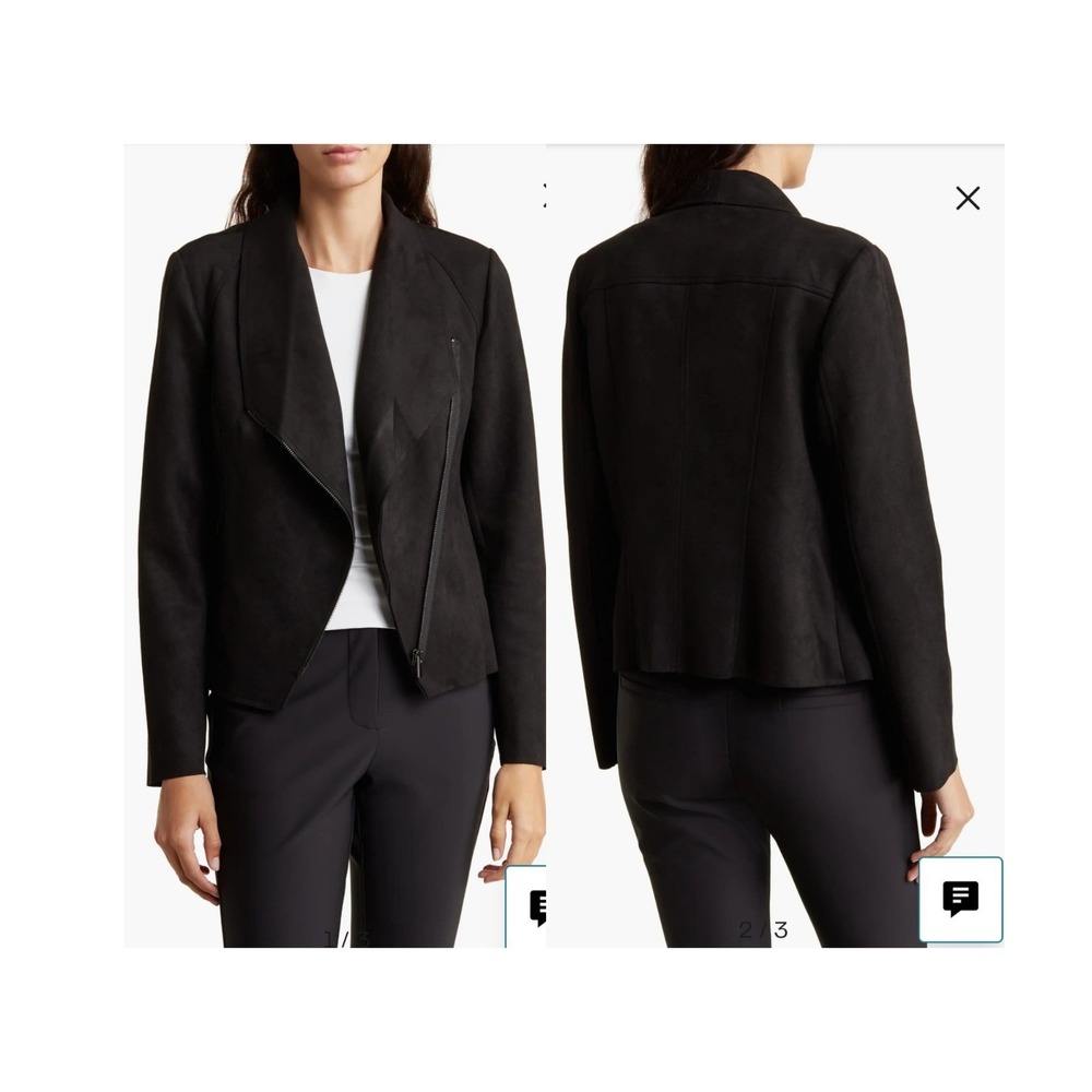 T Tahari Faux Leather Draped Moto Jacket Women's S Black Asym Zip Stretch NEW